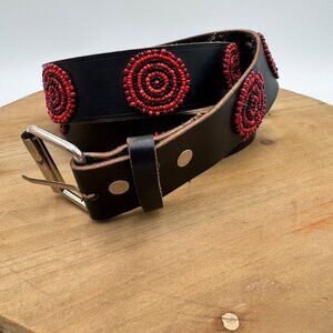 Handcrafted Black Leather Belt With Red & Black Beaded Circle Design Adjustable